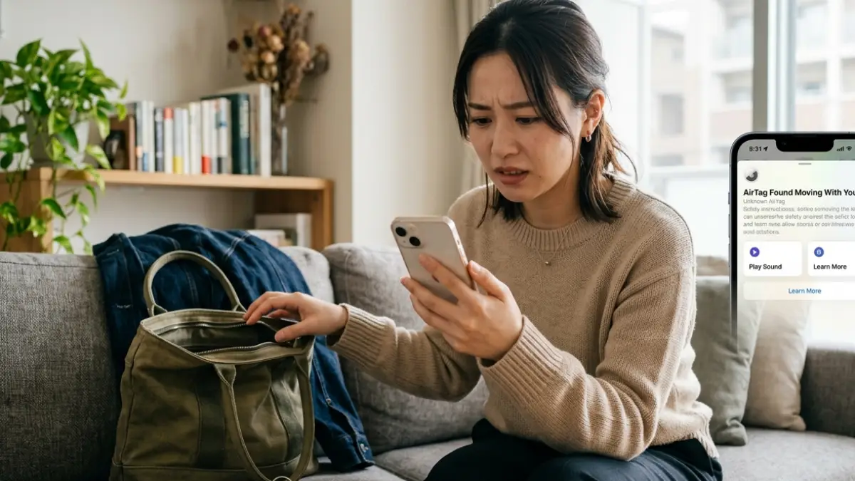 AirTag誤作動で身に覚えのない通知に不安を感じる日本人女性のイメージ