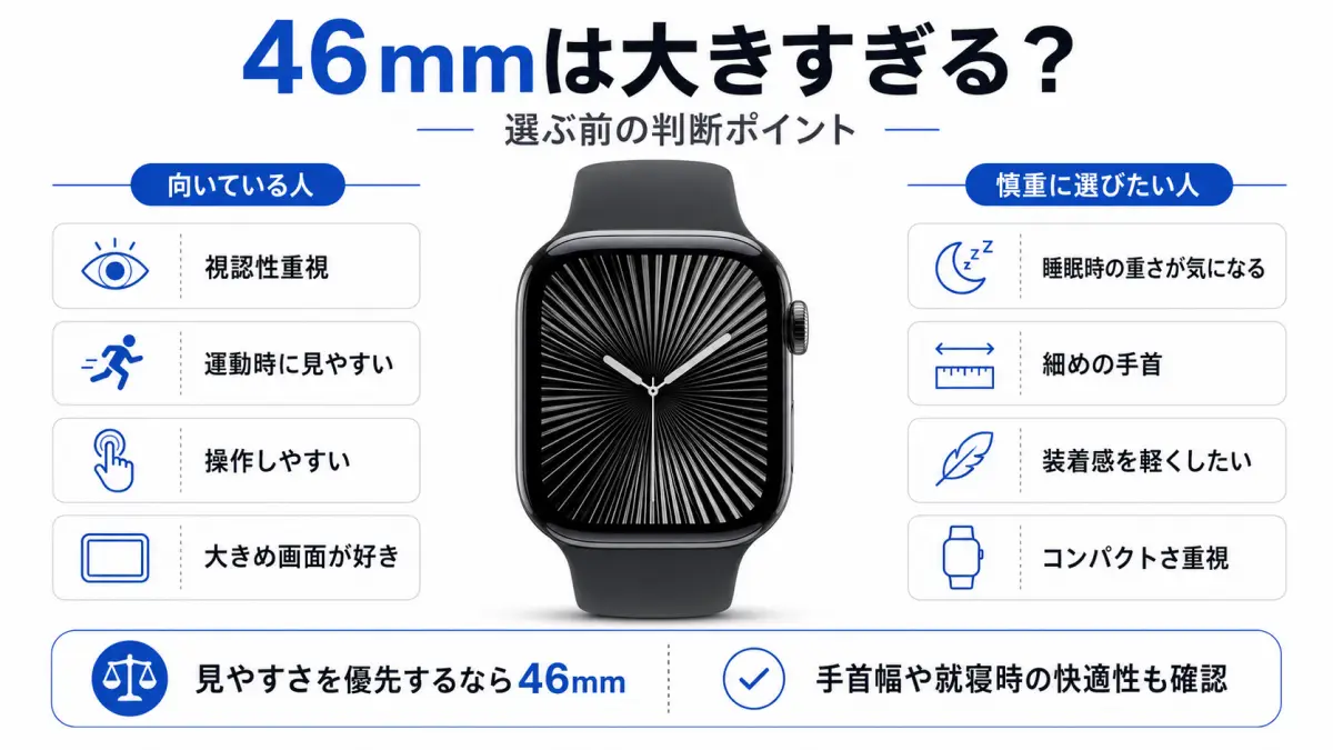 Apple Watch Series 11 46mmは大きすぎるのか Apple Watch Series 11 46mmは大きいのかを判断するサイズ感の比較画像