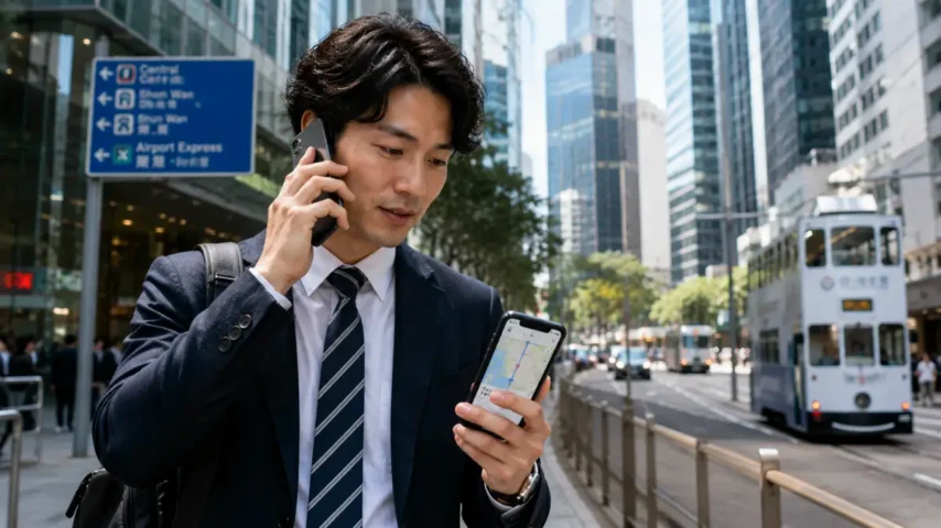 海外出張で電話番号付きeSIMを利用するビジネスマン 電話番号付きeSIM海外を利用する日本人ビジネスマン