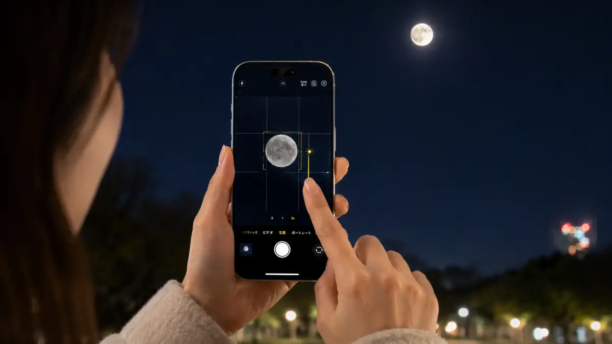 iPhone月の撮影で露出を調整する様子