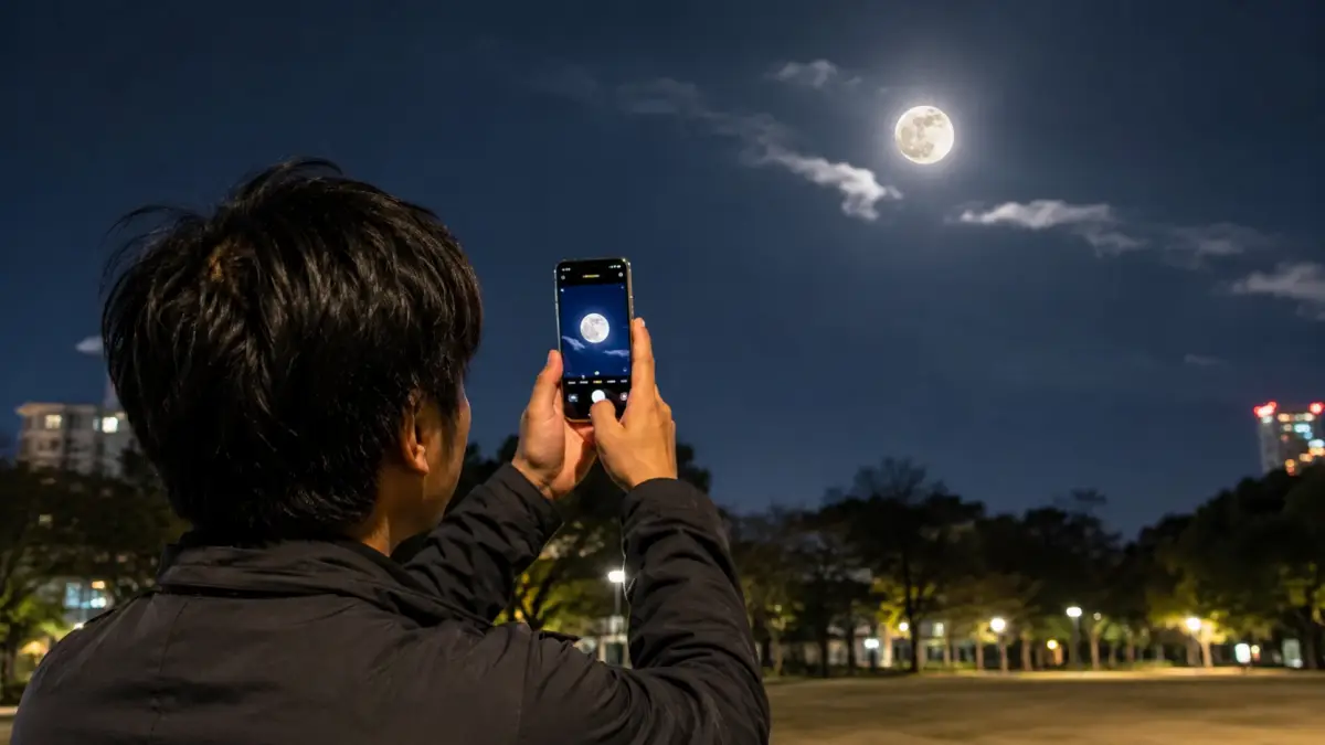 iPhone月の撮影方法を試す日本人男性