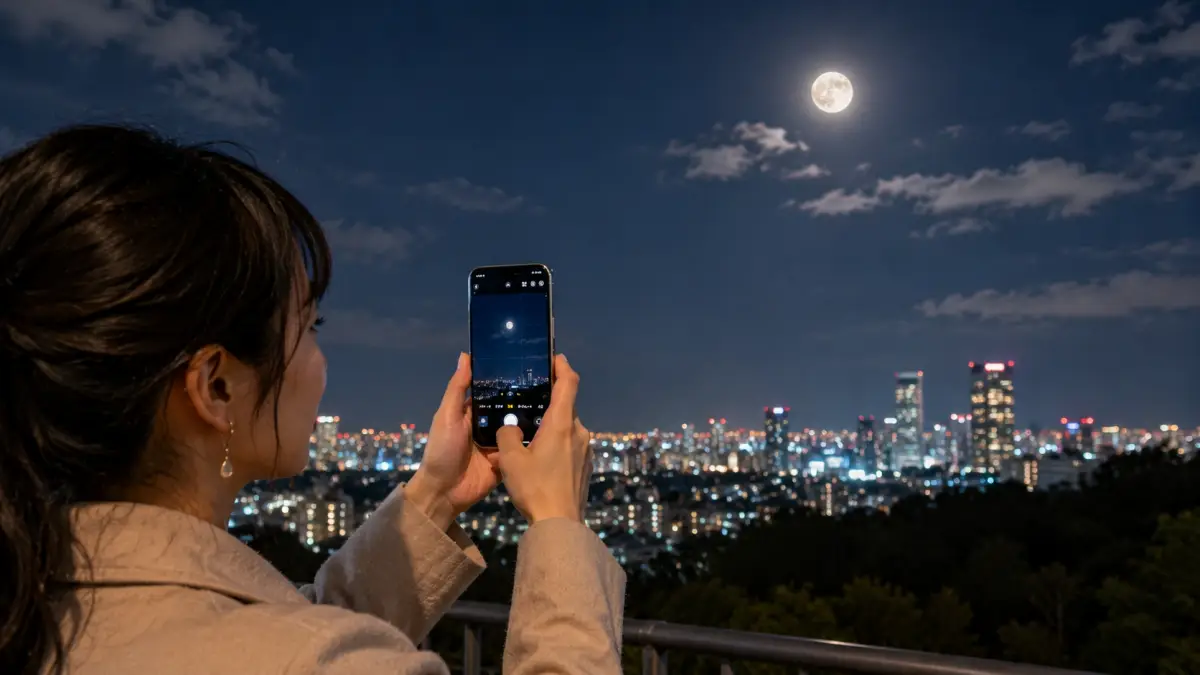 iPhoneナイトモードで月を撮影する女性