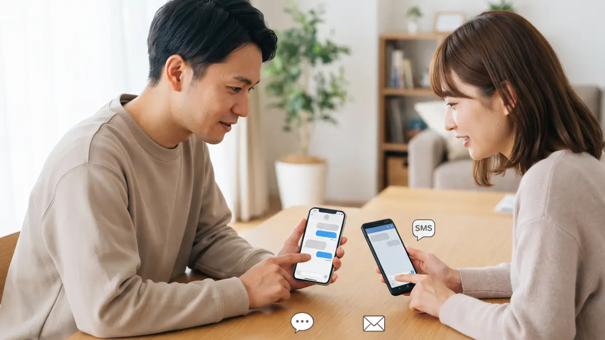 Rakuten LinkのiPhoneとAndroidのSMS送信方法 楽天 SNSリンク既読とiPhone・AndroidのSMS送信方法を比較する日本人夫婦