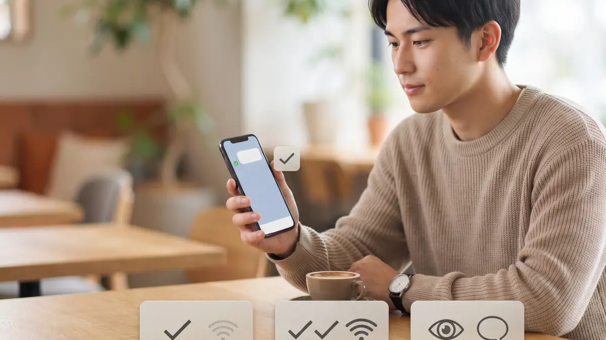 Rakuten Linkのチェックマーク1つ・2つと既読の違い 楽天 リンク メッセージのチェックマーク1つ・2つと既読の違いを確認する日本人男性