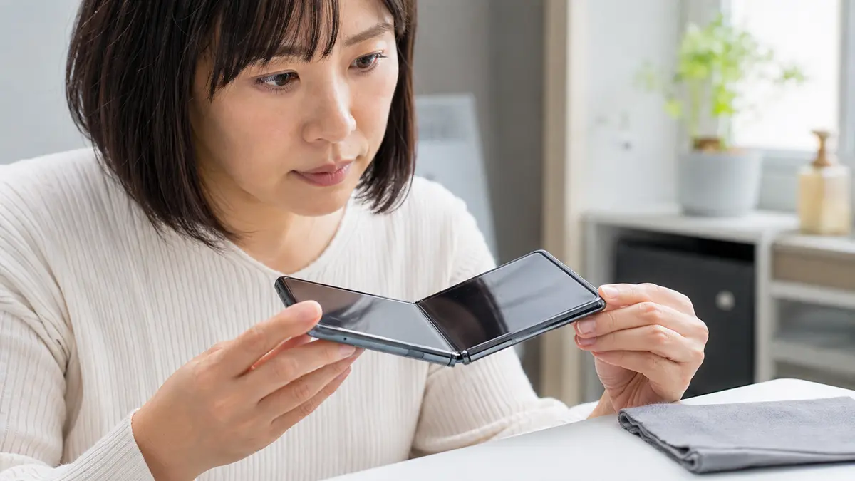 折りたたみiPhoneの画面シワと耐久性 折りたたみiPhoneの画面のシワと耐久性を確認する様子