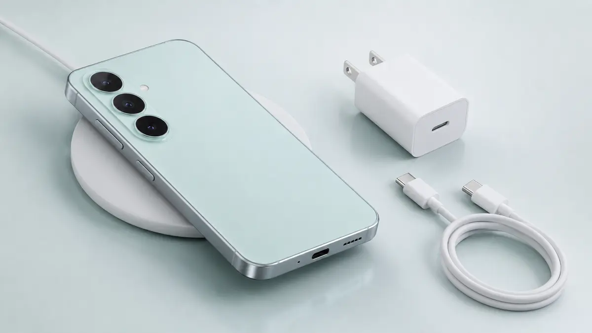 Galaxy S26 FEの充電アクセサリー Galaxy S26 FEとワイヤレス充電器、45W USB-C充電器とケーブル
