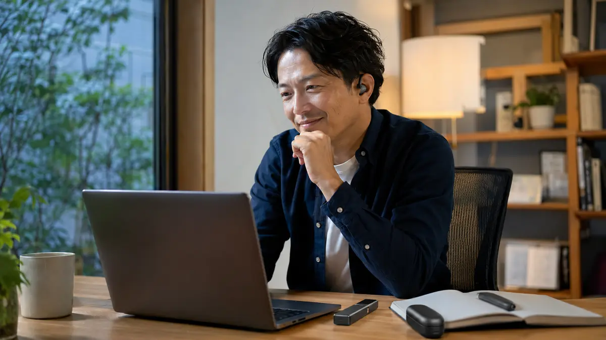 GLIDiC AI +u Budsのまとめ GLIDiC AI +u Budsを使いながら満足そうにパソコンに向かう男性