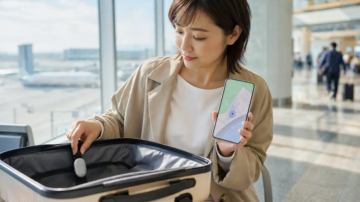 Find Hubで旅行中の荷物を探すGoogle Pixel Tag Google Pixel TagとFind Hubで旅行用スーツケースの場所を確認する日本人女性