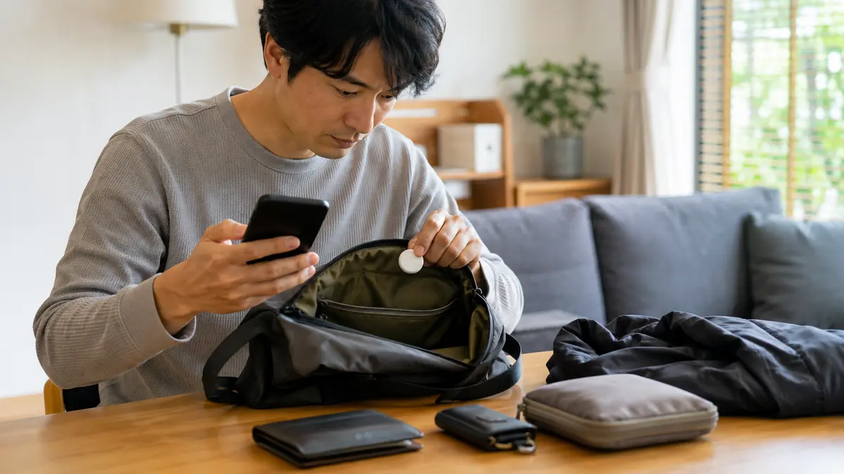 iPhoneの「探す」アプリでサウンドを再生して不審なエアタグを探す様子