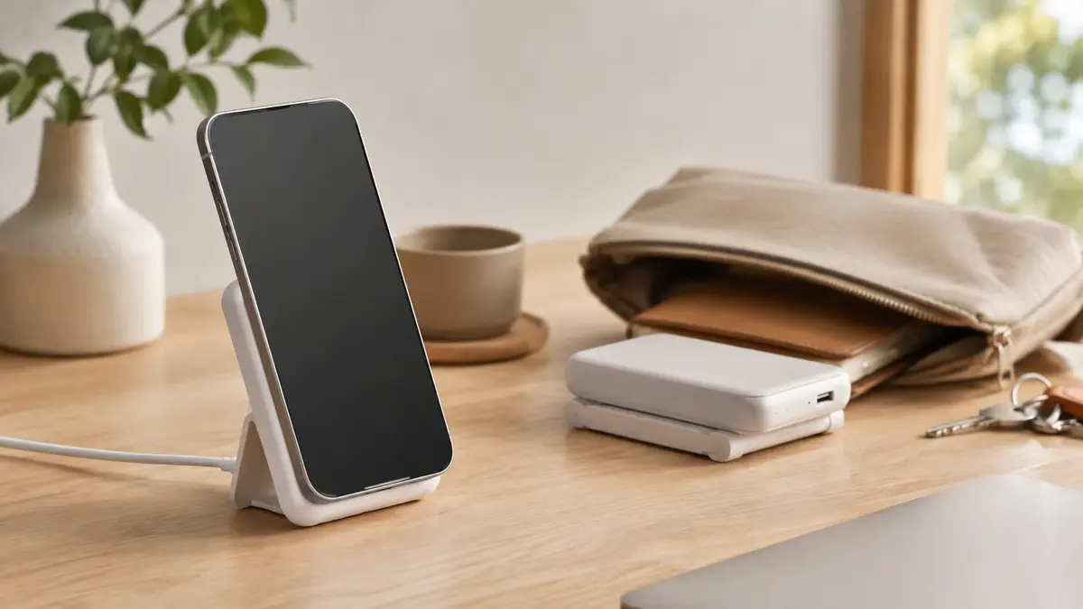 充電スタンドと持ち運びを両立するモバイルバッテリー デスクでは充電スタンド、外出時はモバイルバッテリーとして使うイメージ