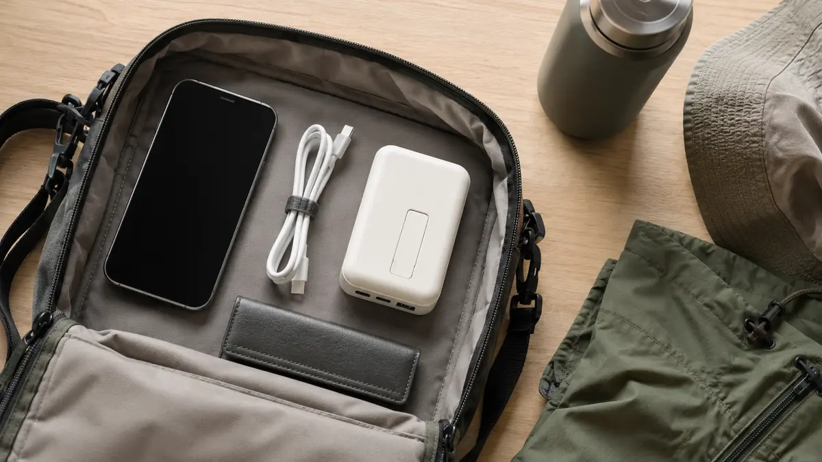 持ち運びやすいモバイルバッテリー スマホやケーブルと一緒にモバイルバッテリーをバッグへ収納するイメージ