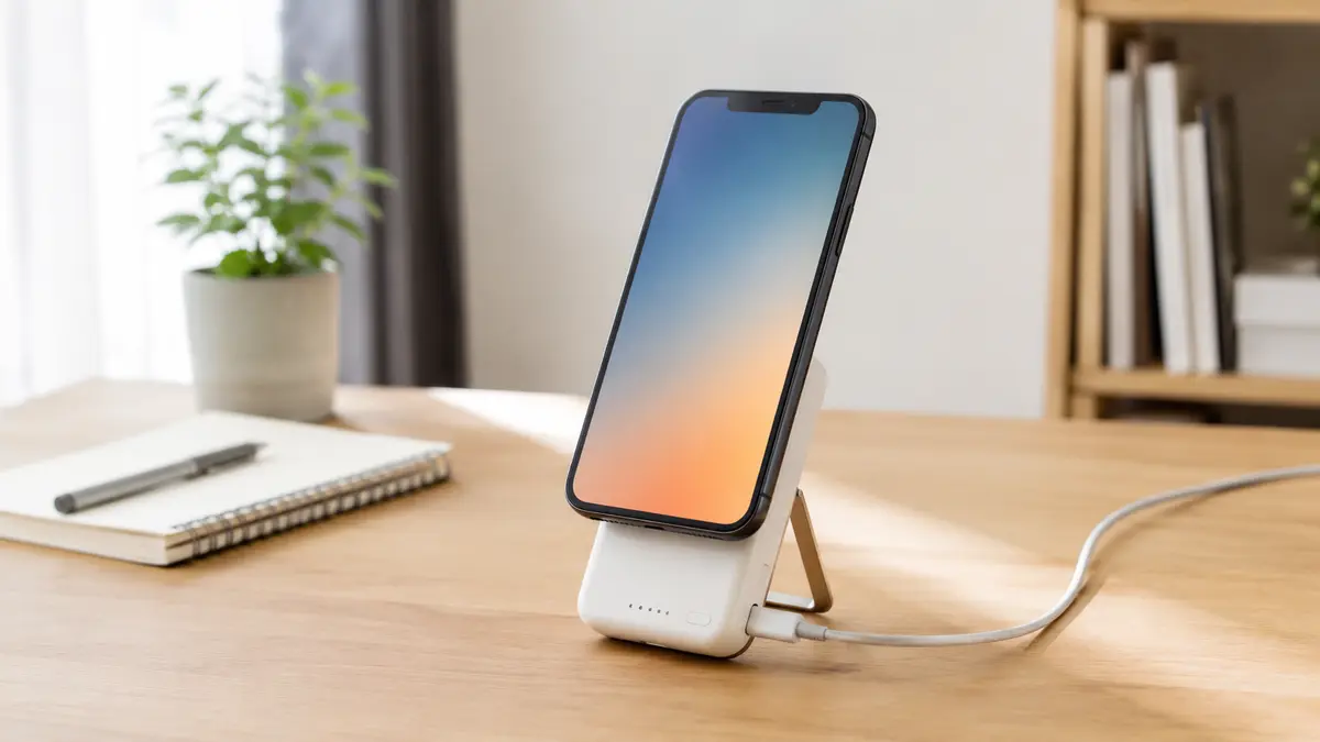 スマホを縦置きできるモバイルバッテリー モバイルバッテリーのスタンドでスマホを縦置きして充電するイメージ