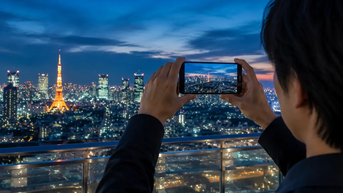 夜景をスマートフォンで撮影する日本人