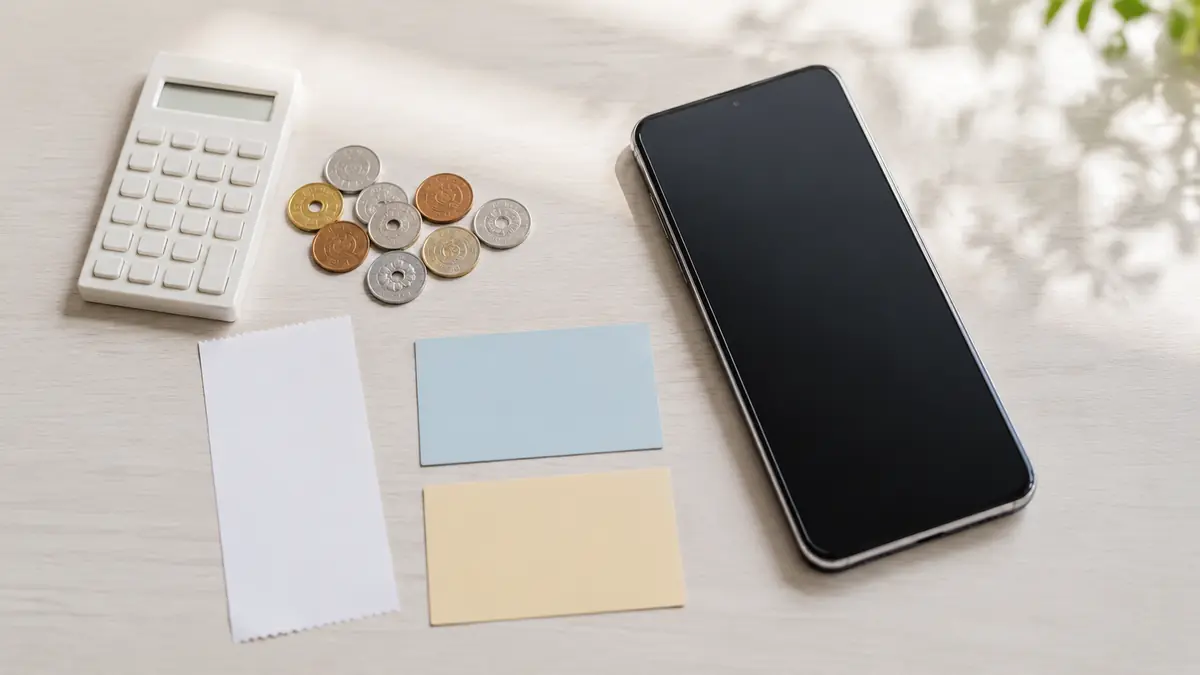 スマートフォンの価格を電卓と硬貨で比較するイメージ