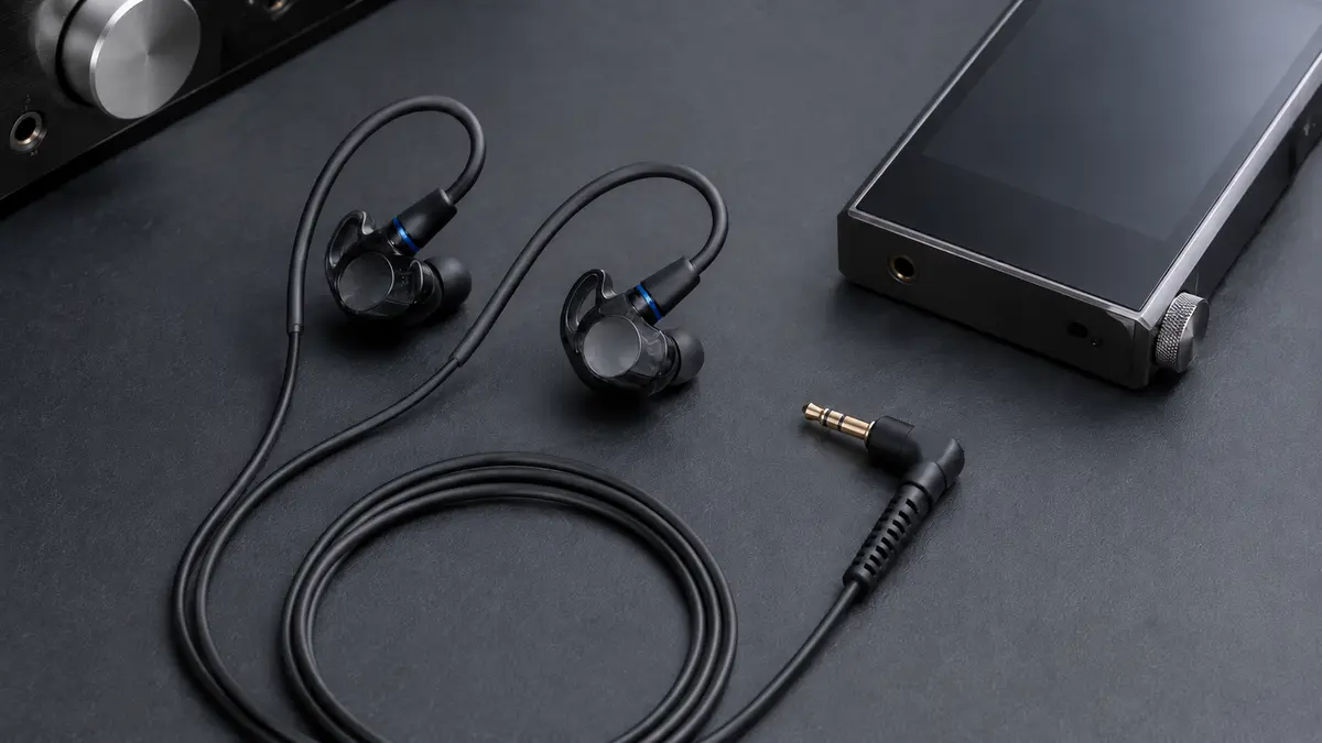 Sony IER-M500 3.5mmケーブル接続イメージ Sony IER-M500と3.5mmケーブル、DAPを並べた接続イメージ