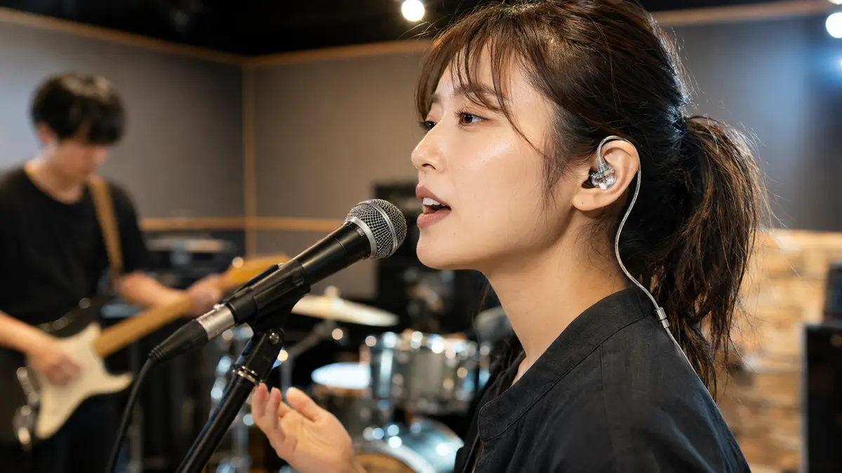 Sony IER-M500 ステージモニター使用イメージ ライブステージでSony IER-M500を装着して歌うボーカリスト