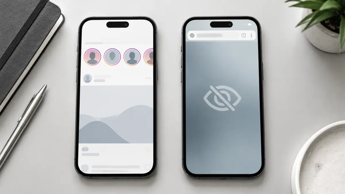 StorySaver.netとInstagram公式アプリの足跡の違いを表す2台のスマートフォン