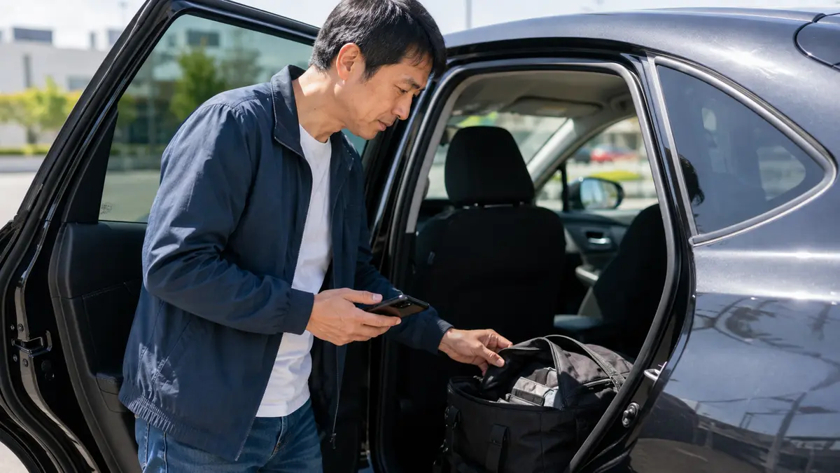 車に不審なエアタグが取り付けられていないか点検する様子