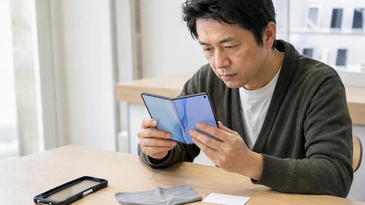 中古の折りたたみスマホを確認するポイント 中古の折りたたみスマホの画面とヒンジを確認する日本人男性