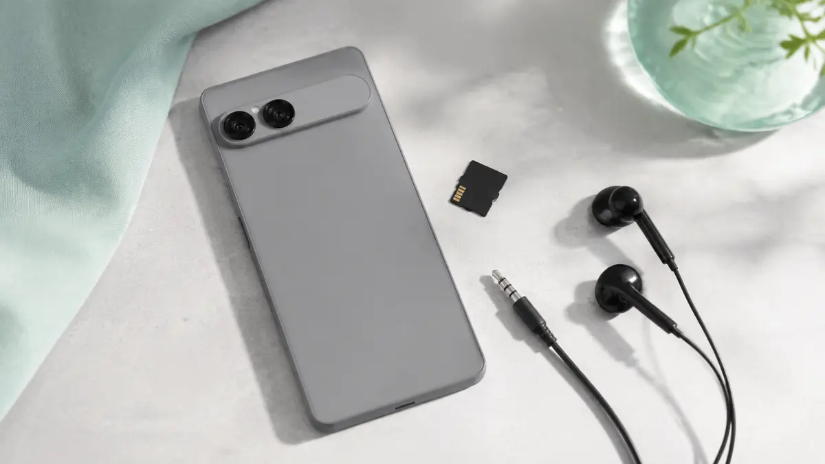 Xperia 10 VIIIのmicroSDとイヤホン対応 Xperia 10 VIIIとmicroSDカード、有線イヤホンを並べたイメージ
