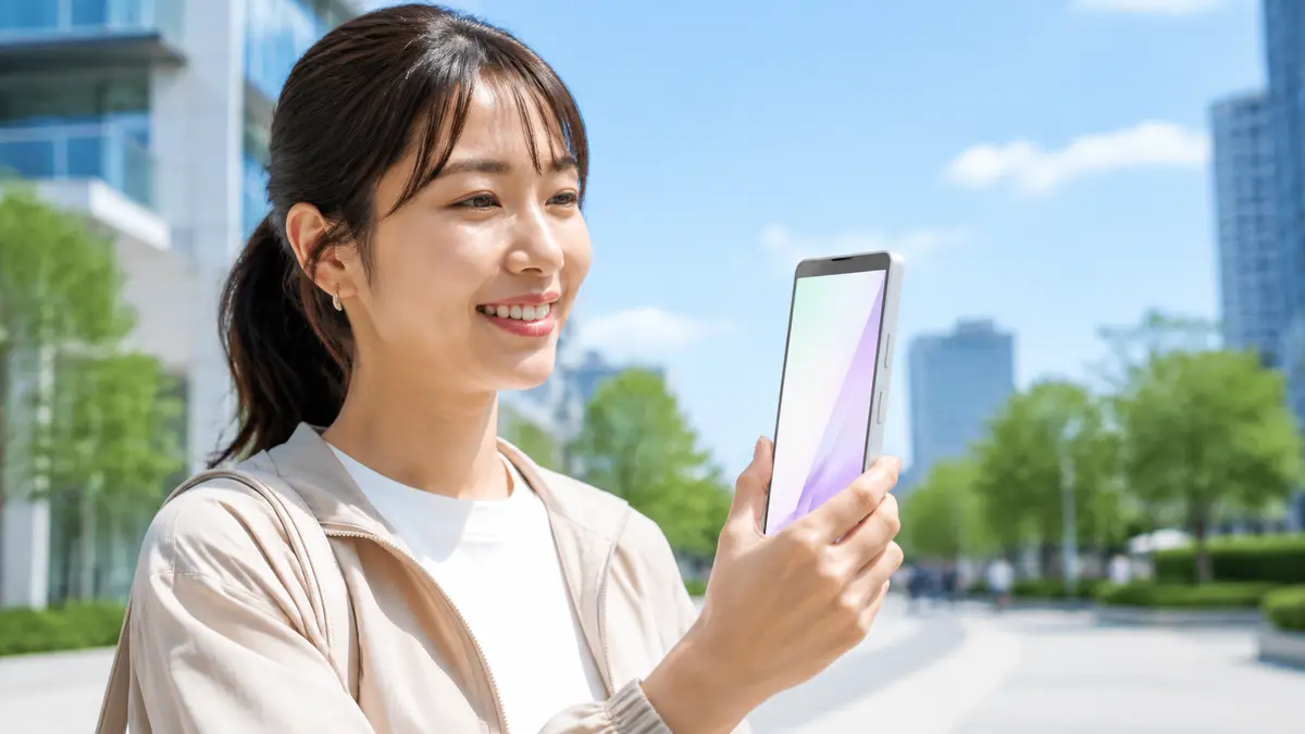 Xperia 10 VIIIの屋外ディスプレイ 屋外でXperia 10 VIIIの画面を確認する日本人女性