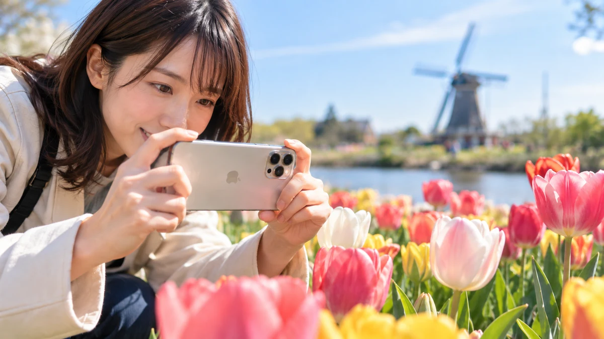 水滴のついたチューリップにiPhoneで近づいて撮影する様子