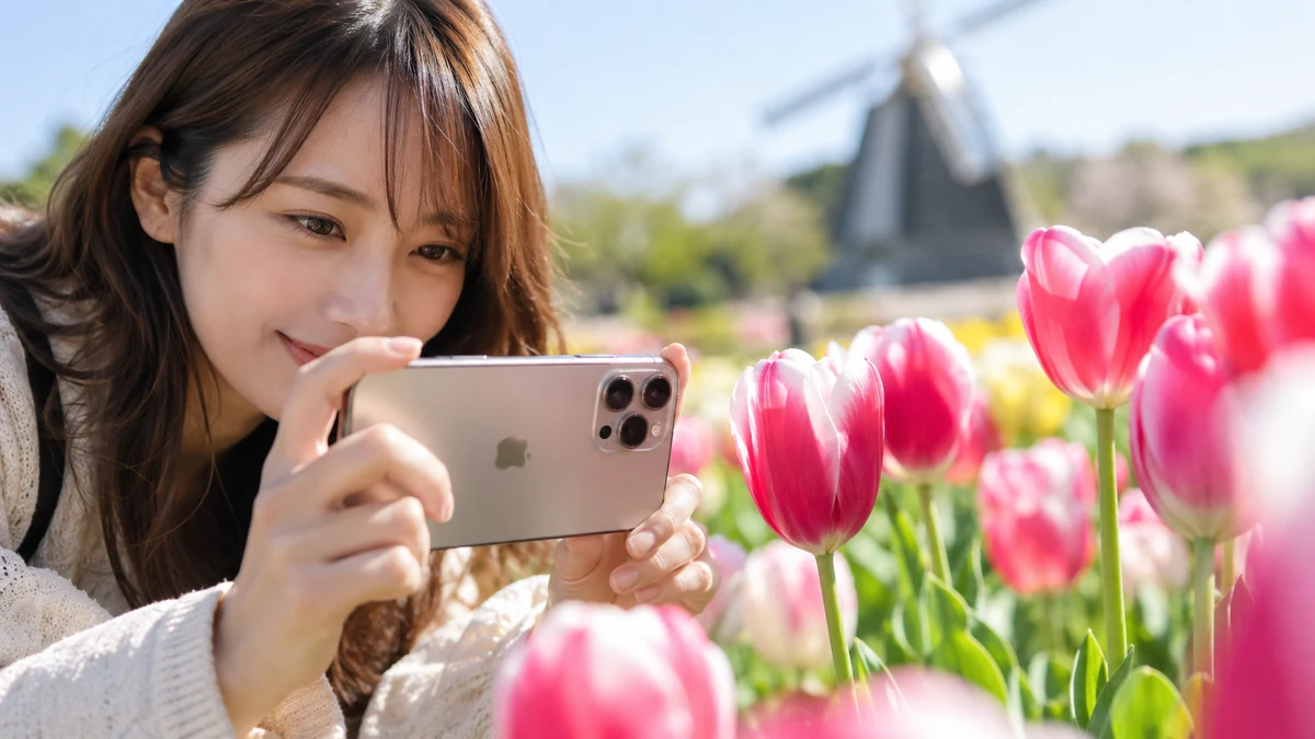風車を背景にiPhoneでチューリップを撮影する女性