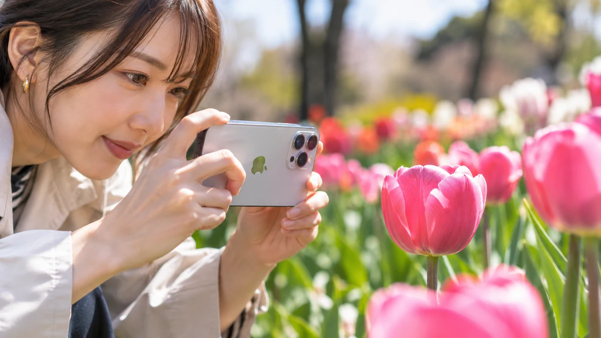 iPhoneでマクロ撮影コントロールの設定を確認しながら撮影する場面