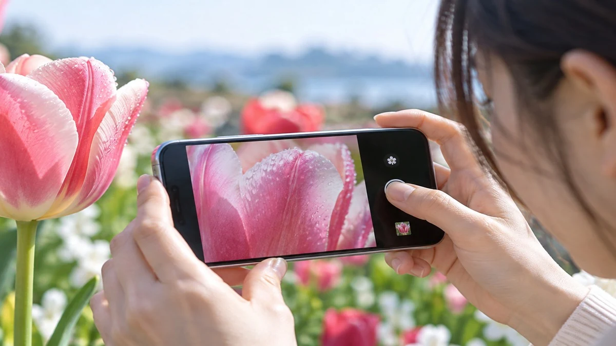 iPhoneカメラ画面にチューリップアイコンが表示されたマクロ撮影のクローズアップ