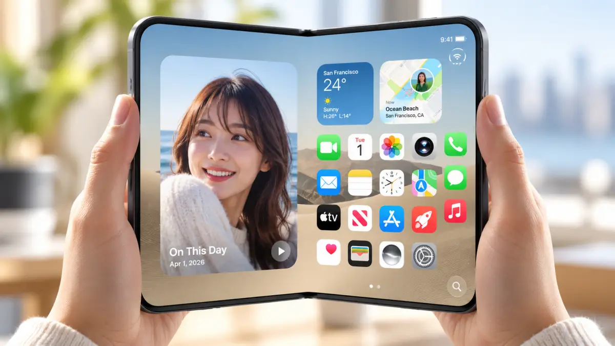 両手で持つ折りたたみ iPhone Duoの開いたディスプレイを示すイメージ