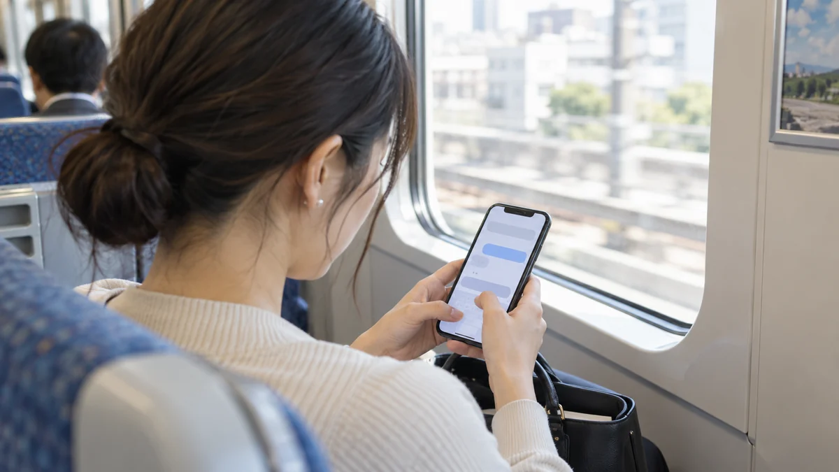 電車内でテキスト通話アプリを使うイメージ 電車内でスマホのテキストメッセージを確認する女性