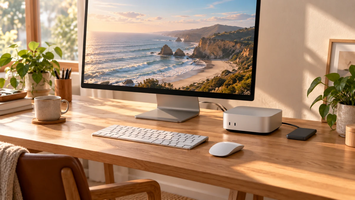 用途と予算に合わせたMacのデスク環境 Mac miniとモニター、外付けSSDを配置した明るいデスク環境のイメージ
