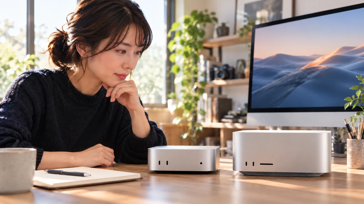 上位Mac miniと下位Mac Studioの選び方 Mac miniとMac Studioをデスクに並べて比較検討する日本人女性のイメージ