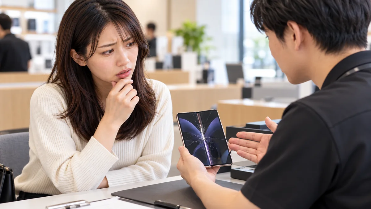 iPhone Duoの保証と交換相談 iPhone Duoの画面割れの保証と交換について修理窓口で相談する様子