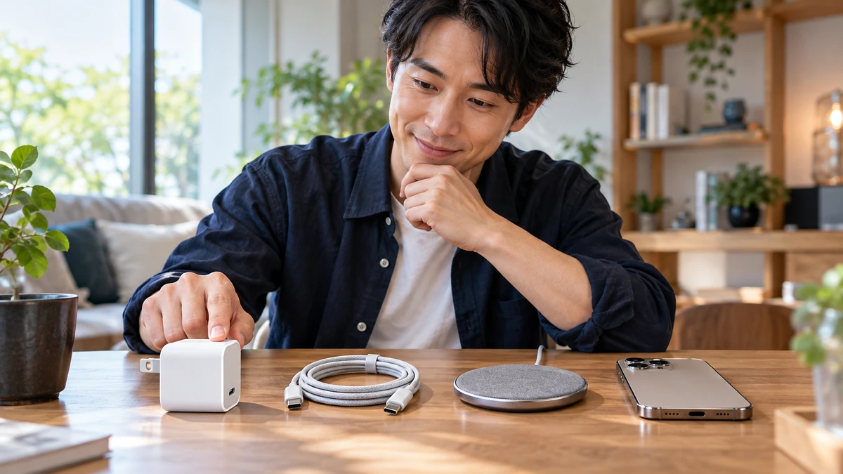 iPhone18の充電器の選び方まとめ iPhone18の充電器選びでUSB-Cケーブルとワイヤレス充電器を比較する男性