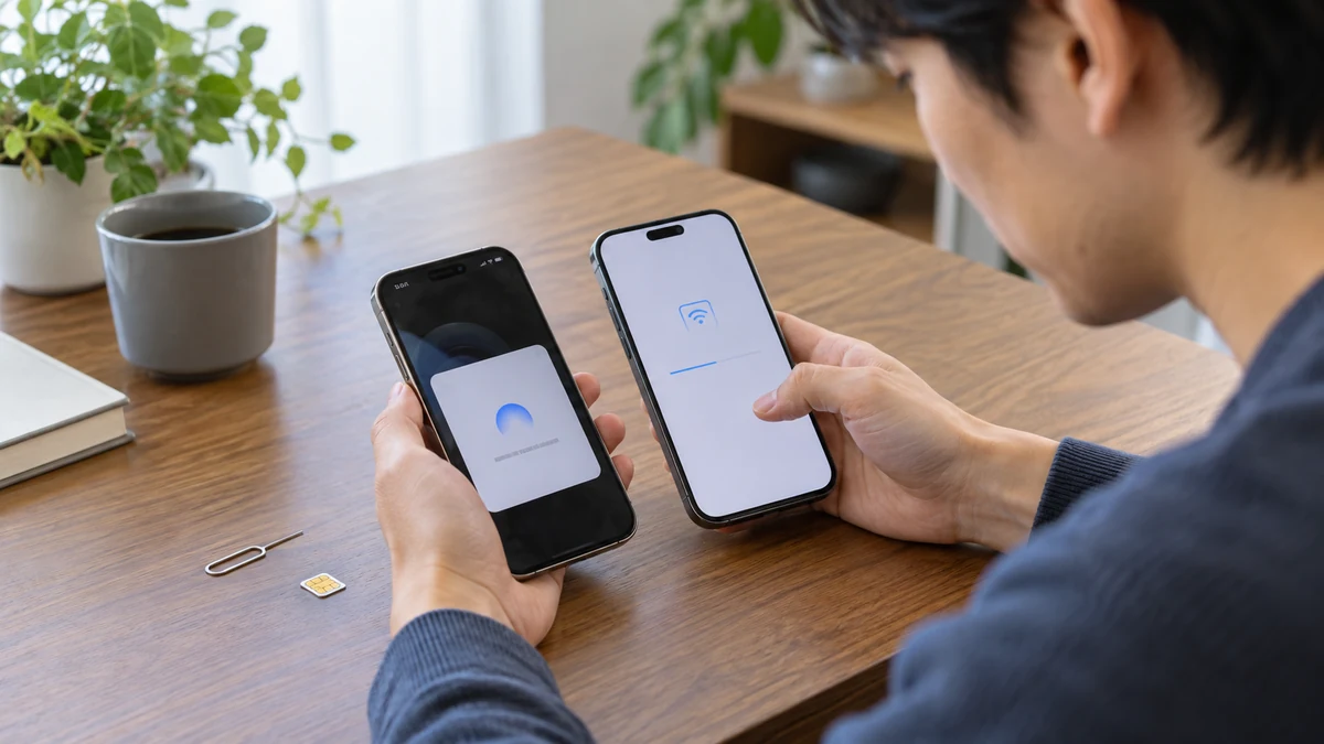 物理SIMからeSIMへの移行イメージ 2台のスマートフォンでデータ移行を進める様子