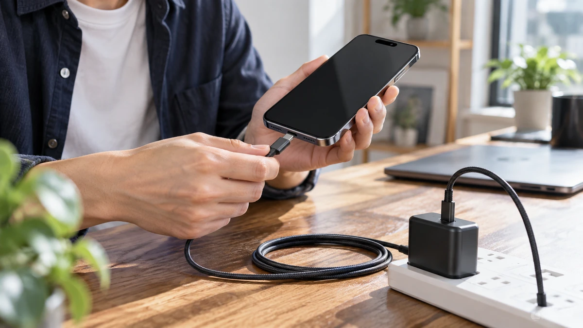 iPhone18 ProのUSB-C急速充電 iPhone18 Proの急速充電に使うUSB-Cケーブルと充電器のイメージ