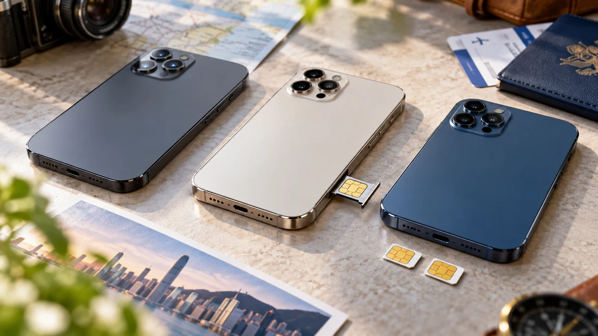 日本版・海外版のSIM仕様を比較するイメージ 旅行用品とともに並べたスマートフォンとSIMカード