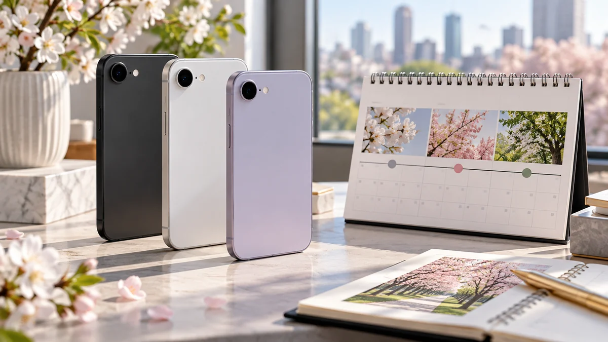 iPhone 18eの発売時期と2027年春予想 iPhone 18eの2027年春発売予想を表現したスマートフォンとカレンダー