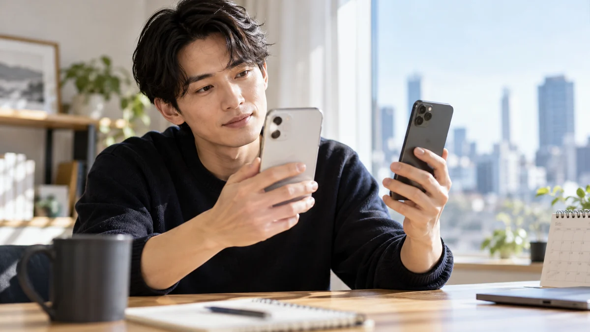 iPhone 18eを待つべきか17eを買うべきか iPhone 18eを待つかiPhone 17eを買うか検討する男性