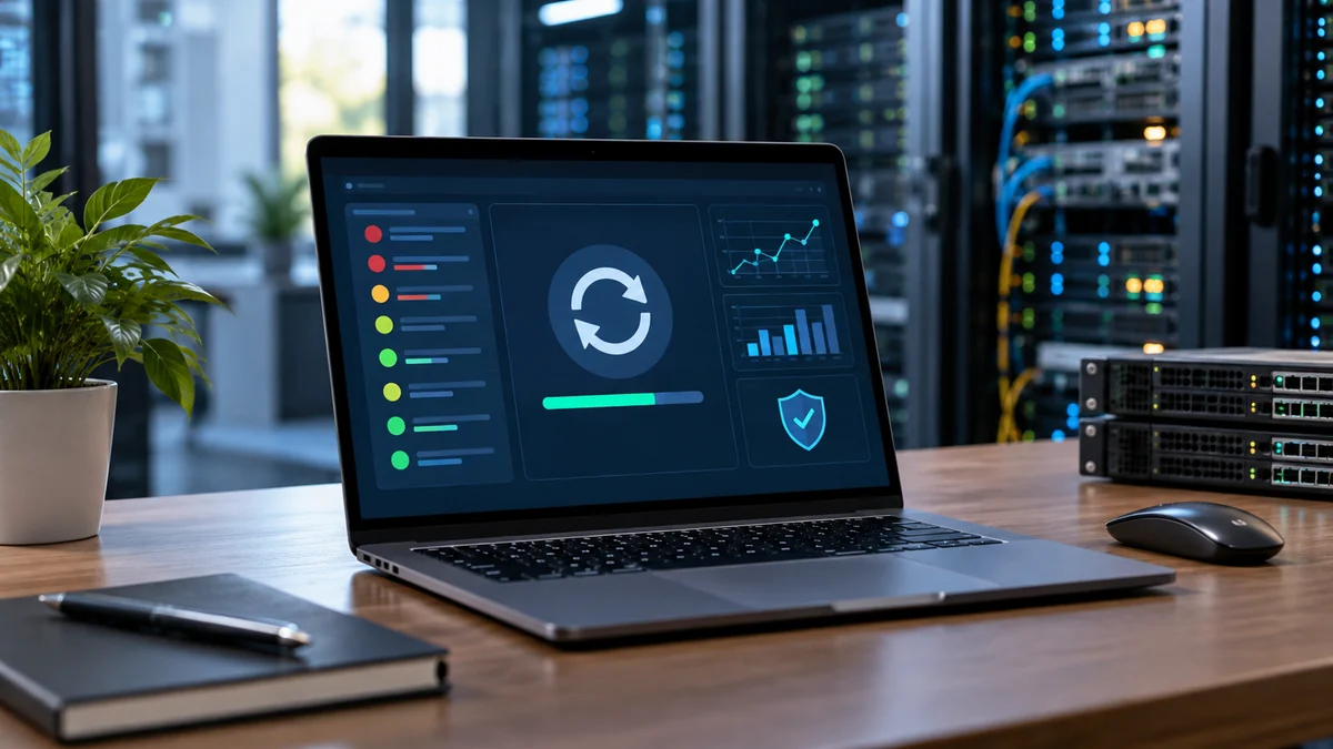 サーバールームを背景に、アップデートの進行状況とセキュリティ確認を表示するノートパソコン